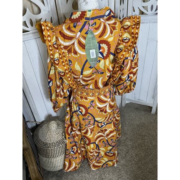New! Farm Rio Yellow Palms Party Women’s Dress Ruffle Statement Size XL - Picture 3 of 7